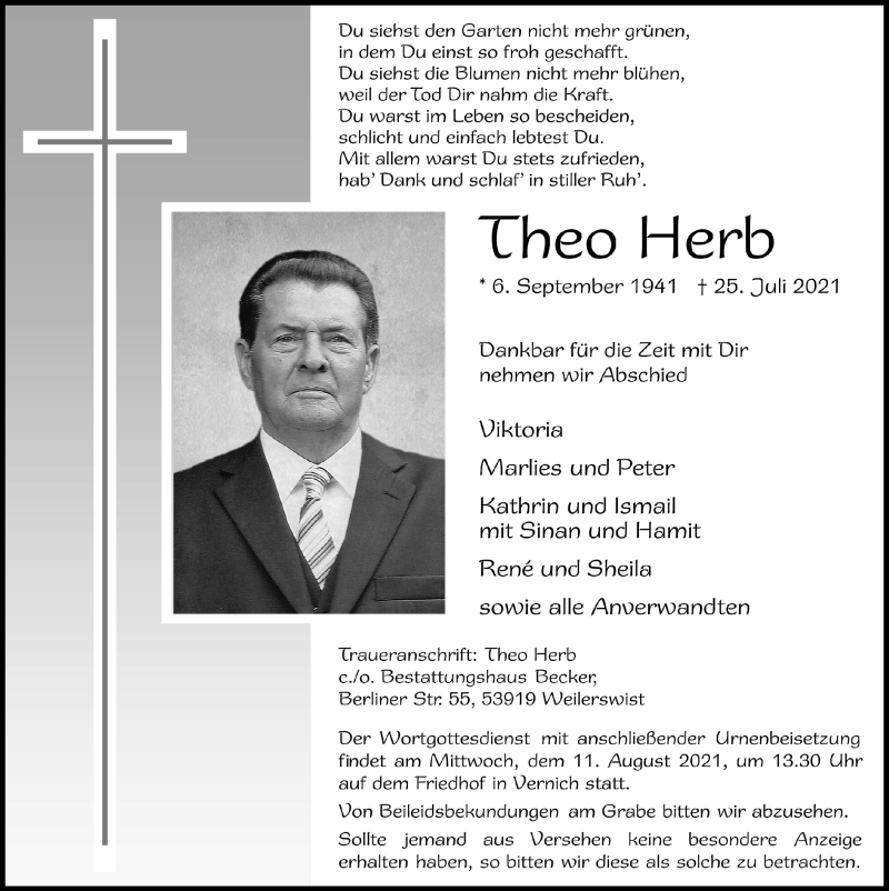  Traueranzeige für Theo Herb vom 31.07.2021 aus  Blickpunkt Euskirchen 