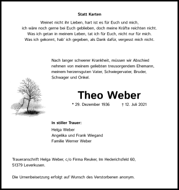 Anzeige von Theo Weber von Kölner Stadt-Anzeiger / Kölnische Rundschau / Express
