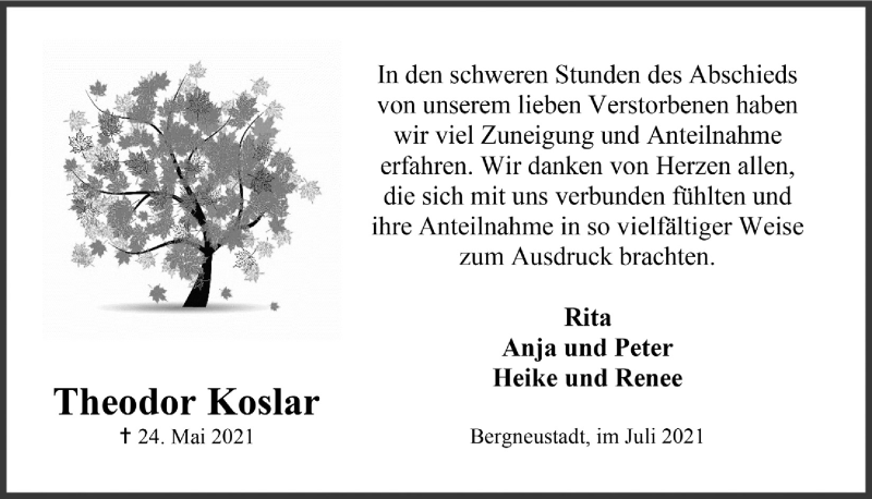  Traueranzeige für Theodor Koslar vom 02.07.2021 aus  Anzeigen Echo 