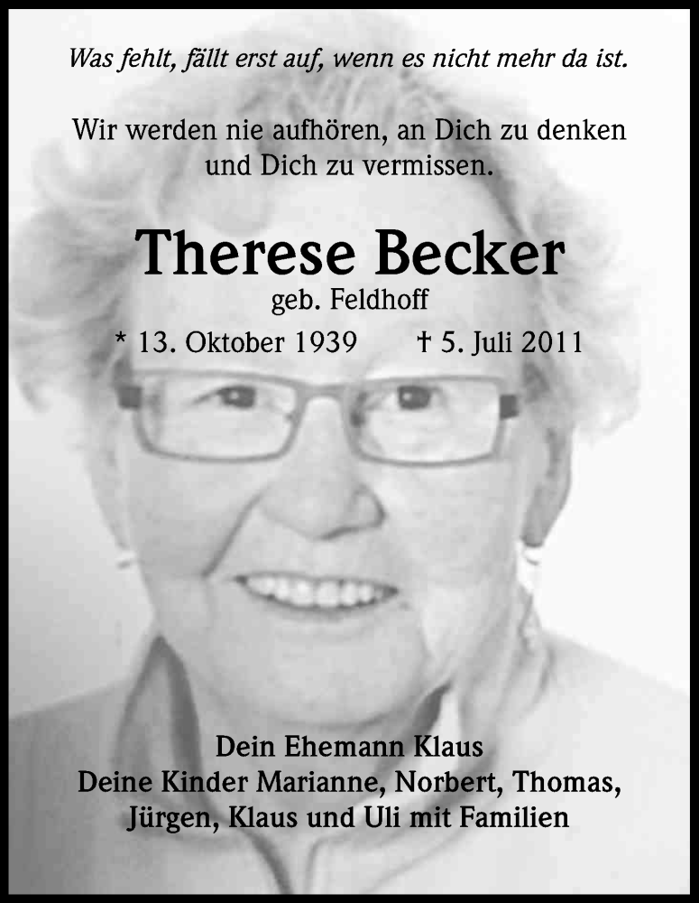  Traueranzeige für Therese Becker vom 05.07.2021 aus Kölner Stadt-Anzeiger / Kölnische Rundschau / Express