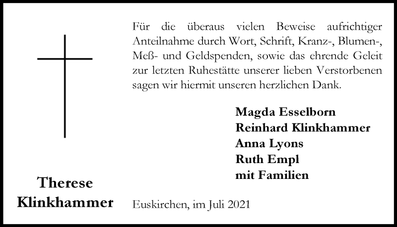  Traueranzeige für Therese Klinkhammer vom 17.07.2021 aus  Blickpunkt Euskirchen 