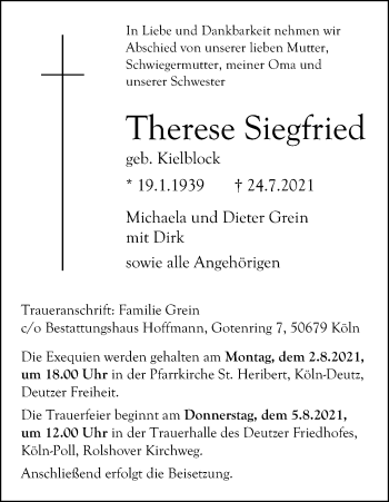 Anzeige von Therese Siegfried von Kölner Stadt-Anzeiger / Kölnische Rundschau / Express