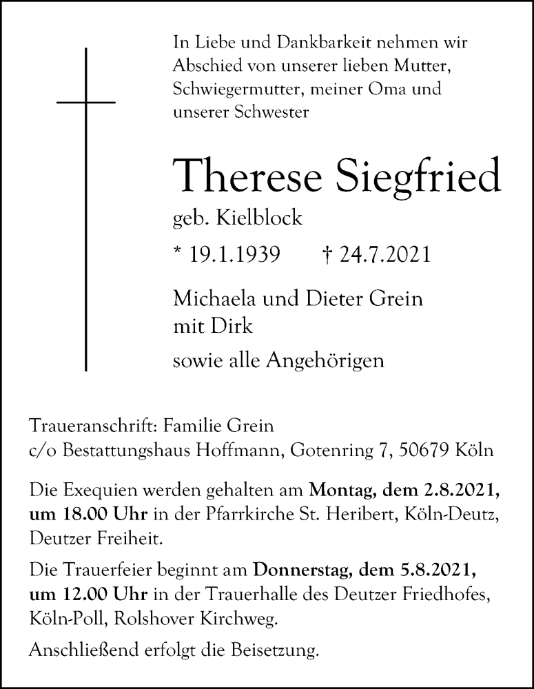  Traueranzeige für Therese Siegfried vom 31.07.2021 aus Kölner Stadt-Anzeiger / Kölnische Rundschau / Express