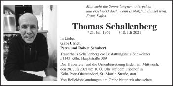 Anzeige von Thomas Schallenberg von  Kölner Wochenspiegel 