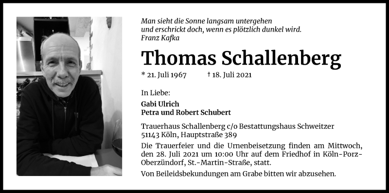  Traueranzeige für Thomas Schallenberg vom 24.07.2021 aus Kölner Stadt-Anzeiger / Kölnische Rundschau / Express