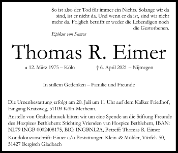 Anzeige von Thomas R. Eimer von Kölner Stadt-Anzeiger / Kölnische Rundschau / Express