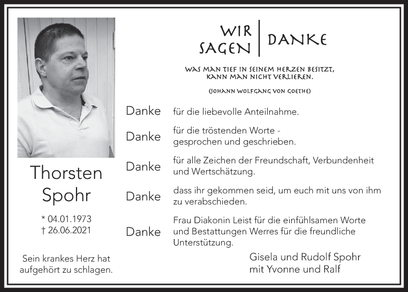  Traueranzeige für Thorsten Spohr vom 23.07.2021 aus  Werbepost 
