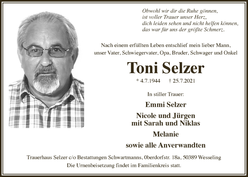  Traueranzeige für Toni Selzer vom 30.07.2021 aus  Schlossbote/Werbekurier 