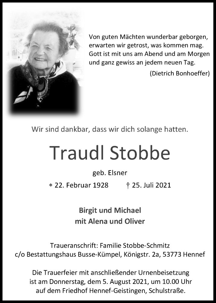  Traueranzeige für Traudl Stobbe vom 31.07.2021 aus Kölner Stadt-Anzeiger / Kölnische Rundschau / Express