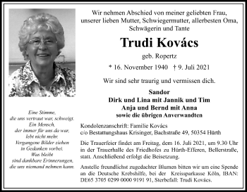 Anzeige von Trudi Kovács von Kölner Stadt-Anzeiger / Kölnische Rundschau / Express