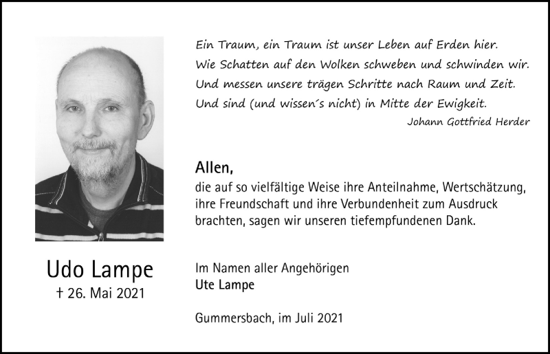  Traueranzeige für Udo Lampe vom 09.07.2021 aus  Anzeigen Echo 