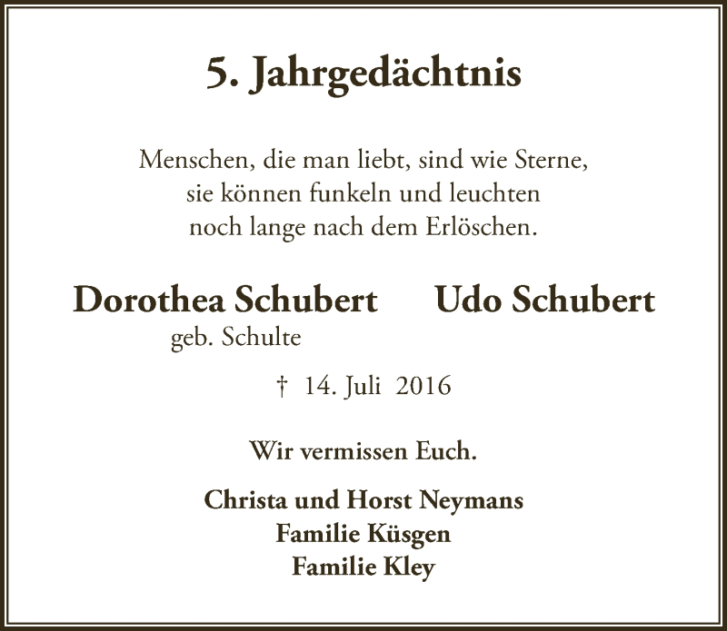  Traueranzeige für Udo Schubert vom 16.07.2021 aus  Bergisches Handelsblatt 
