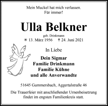 Anzeige von Ulla Belkner von  Anzeigen Echo 