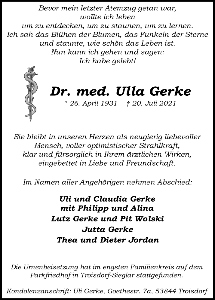  Traueranzeige für Ulla Gerke vom 31.07.2021 aus Kölner Stadt-Anzeiger / Kölnische Rundschau / Express
