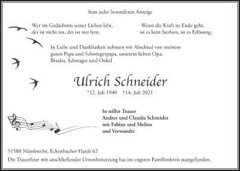 Anzeige von Ulrich Schneider von  Lokalanzeiger 