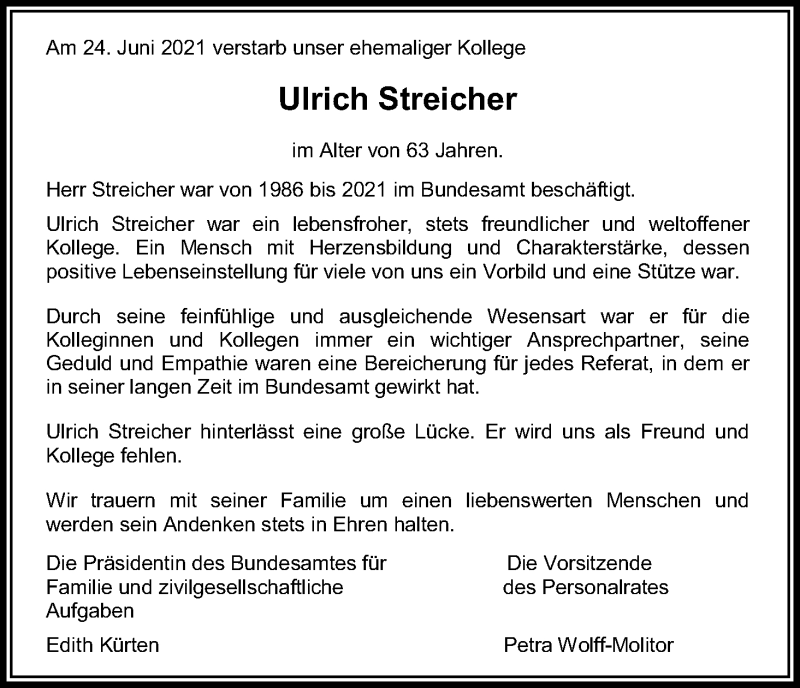  Traueranzeige für Ulrich Streicher vom 03.07.2021 aus Kölner Stadt-Anzeiger / Kölnische Rundschau / Express