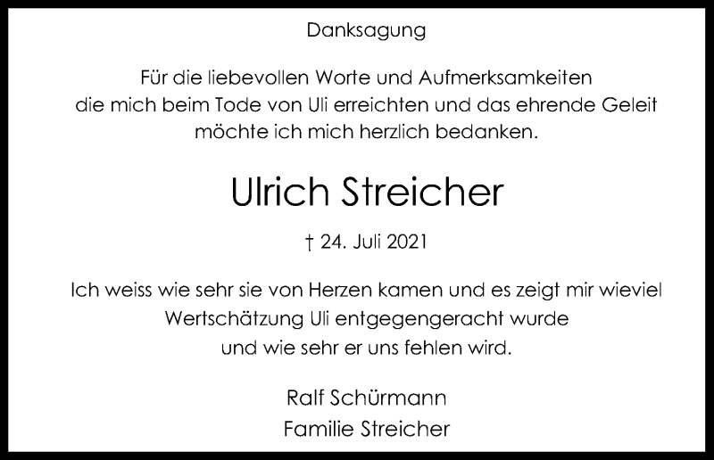  Traueranzeige für Ulrich Streicher vom 24.07.2021 aus Kölner Stadt-Anzeiger / Kölnische Rundschau / Express