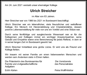 Anzeige von Ulrich Streicher von Kölner Stadt-Anzeiger / Kölnische Rundschau / Express