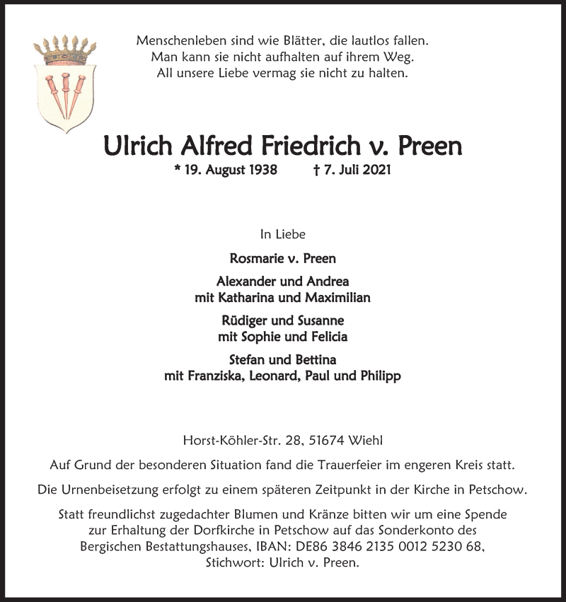  Traueranzeige für Ulrich Alfred Friedrich von Preen vom 17.07.2021 aus Kölner Stadt-Anzeiger / Kölnische Rundschau / Express