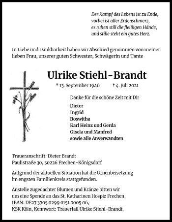 Anzeige von Ulrike Stiehl-Brandt von Kölner Stadt-Anzeiger / Kölnische Rundschau / Express