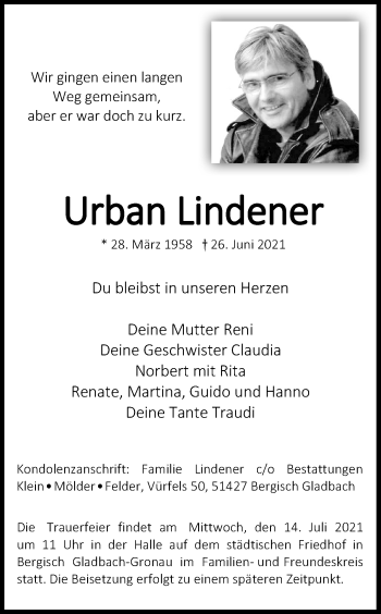 Anzeige von Urban Lindener von Kölner Stadt-Anzeiger / Kölnische Rundschau / Express