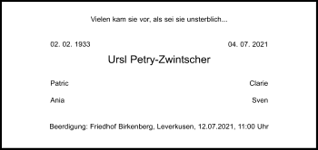 Anzeige von Ursl Petry-Zwintscher von Kölner Stadt-Anzeiger / Kölnische Rundschau / Express
