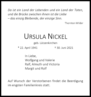 Anzeige von Ursula Nickel von Kölner Stadt-Anzeiger / Kölnische Rundschau / Express
