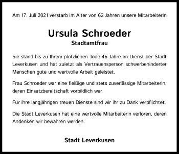 Anzeige von Ursula Schroeder von Kölner Stadt-Anzeiger / Kölnische Rundschau / Express