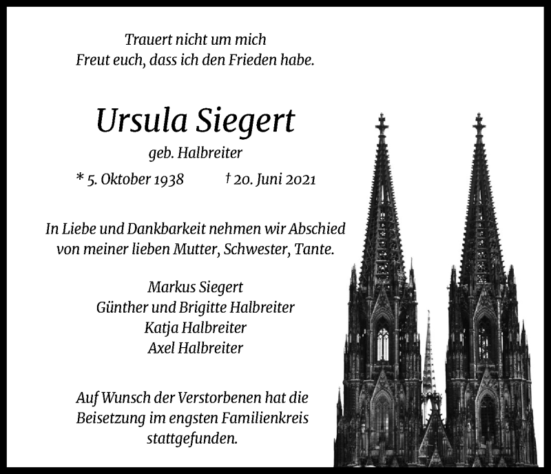  Traueranzeige für Ursula Siegert vom 17.07.2021 aus Kölner Stadt-Anzeiger / Kölnische Rundschau / Express