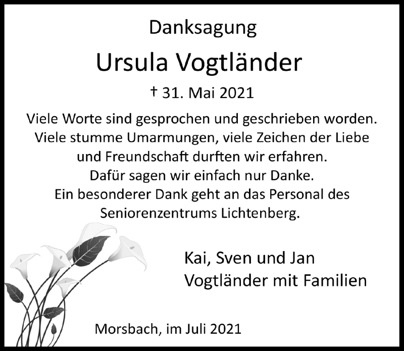  Traueranzeige für Ursula Vogtländer vom 09.07.2021 aus  Lokalanzeiger 