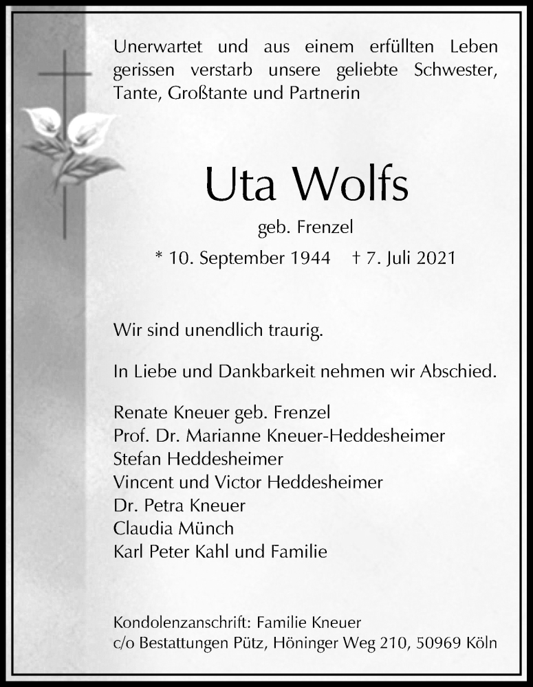  Traueranzeige für Uta Wolfs vom 17.07.2021 aus Kölner Stadt-Anzeiger / Kölnische Rundschau / Express