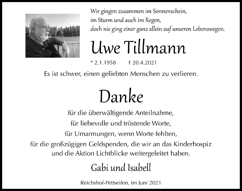  Traueranzeige für Uwe Tillmann vom 02.07.2021 aus  Anzeigen Echo  Lokalanzeiger 