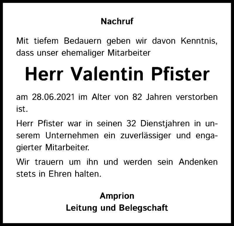  Traueranzeige für Valentin Pfister vom 12.07.2021 aus Kölner Stadt-Anzeiger / Kölnische Rundschau / Express