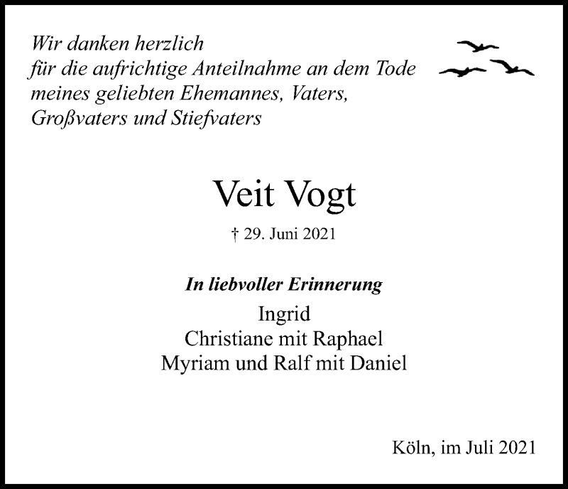  Traueranzeige für Veit Vogt vom 31.07.2021 aus Kölner Stadt-Anzeiger / Kölnische Rundschau / Express