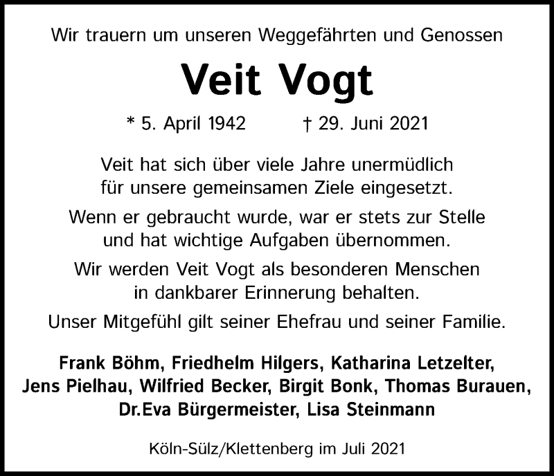  Traueranzeige für Veit Vogt vom 12.07.2021 aus Kölner Stadt-Anzeiger / Kölnische Rundschau / Express