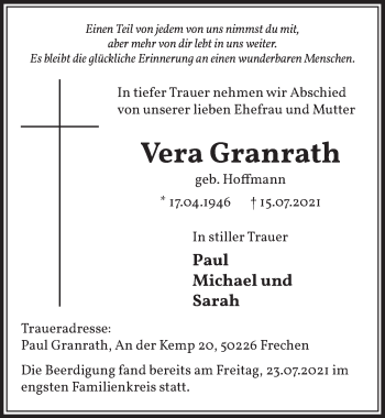 Anzeige von Vera Granrath von  Wochenende 
