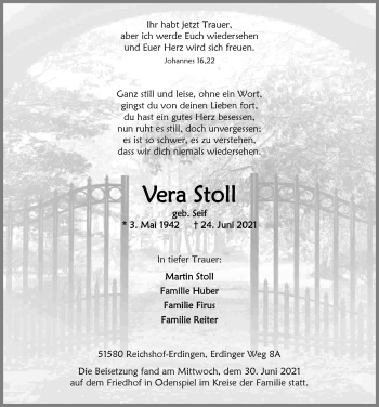 Anzeige von Vera Stoll von  Lokalanzeiger 
