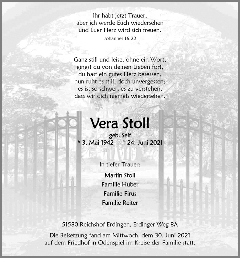  Traueranzeige für Vera Stoll vom 02.07.2021 aus  Lokalanzeiger 