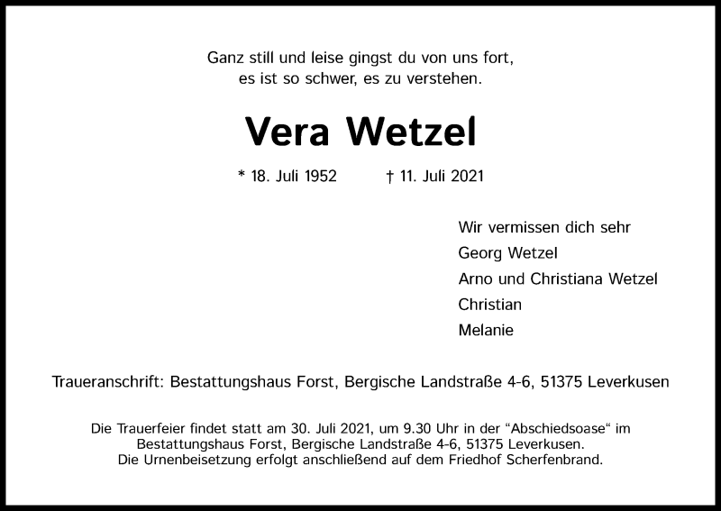  Traueranzeige für Vera Wetzel vom 24.07.2021 aus Kölner Stadt-Anzeiger / Kölnische Rundschau / Express