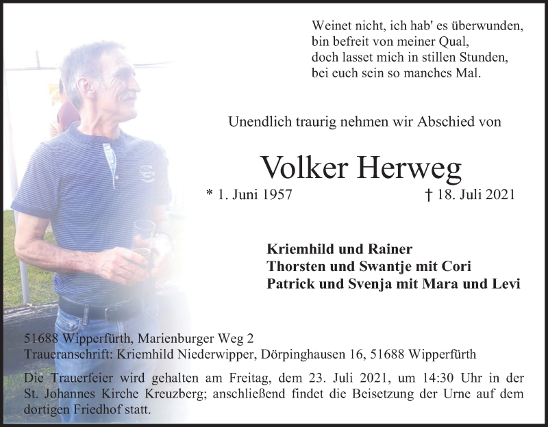  Traueranzeige für Volker Herweg vom 21.07.2021 aus Kölner Stadt-Anzeiger / Kölnische Rundschau / Express