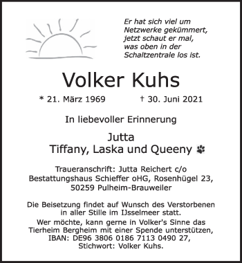 Anzeige von Volker Kuhs von  Wochenende 