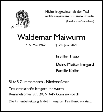 Anzeige von Waldemar Maiwurm von  Anzeigen Echo 