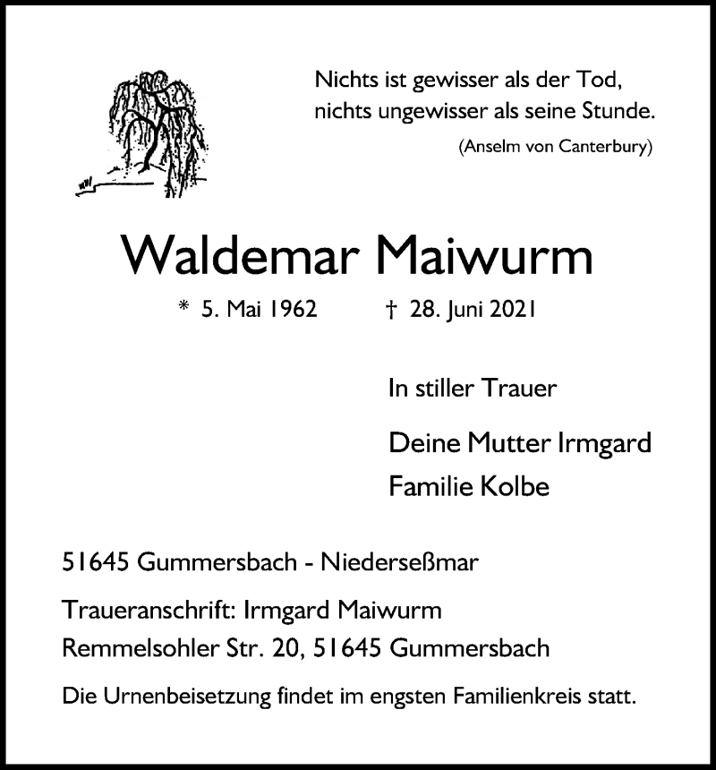 Traueranzeige für Waldemar Maiwurm vom 10.07.2021 aus Kölner Stadt-Anzeiger / Kölnische Rundschau / Express