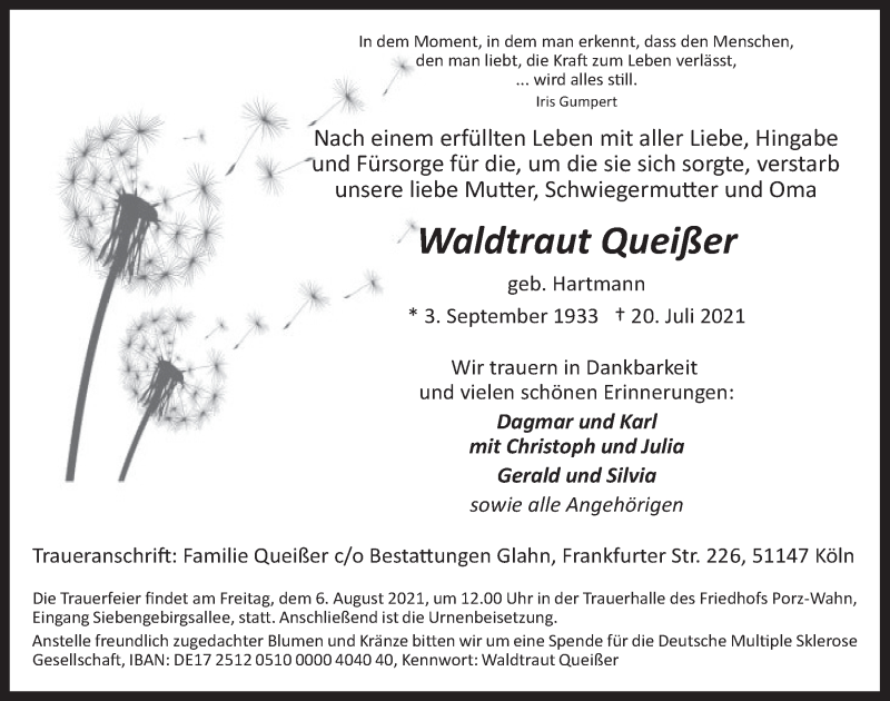  Traueranzeige für Waldtraut Queißer vom 30.07.2021 aus  Kölner Wochenspiegel 