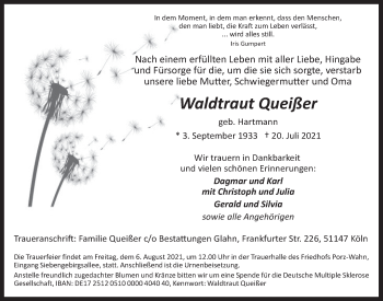 Anzeige von Waldtraut Queißer von  Kölner Wochenspiegel 