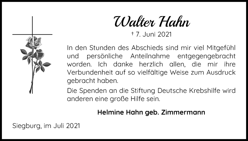  Traueranzeige für Walter Hahn vom 14.07.2021 aus Kölner Stadt-Anzeiger / Kölnische Rundschau / Express