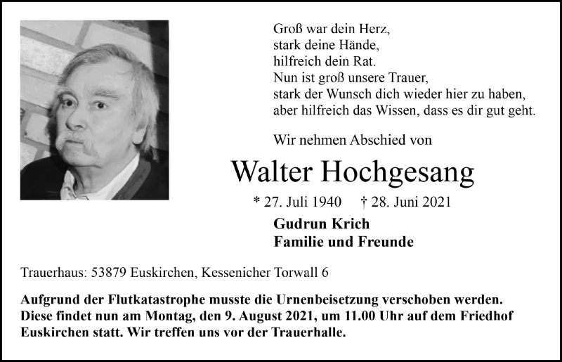  Traueranzeige für Walter Hochgesang vom 31.07.2021 aus  Blickpunkt Euskirchen 
