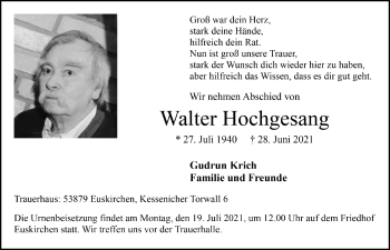 Anzeige von Walter Hochgesang von  Blickpunkt Euskirchen 