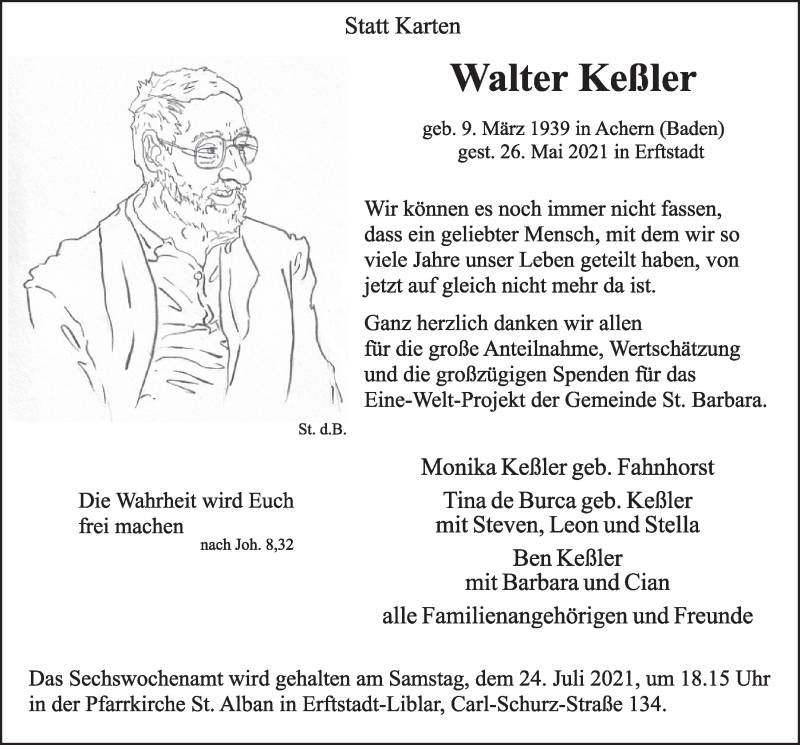  Traueranzeige für Walter Keßler vom 16.07.2021 aus  Werbepost 
