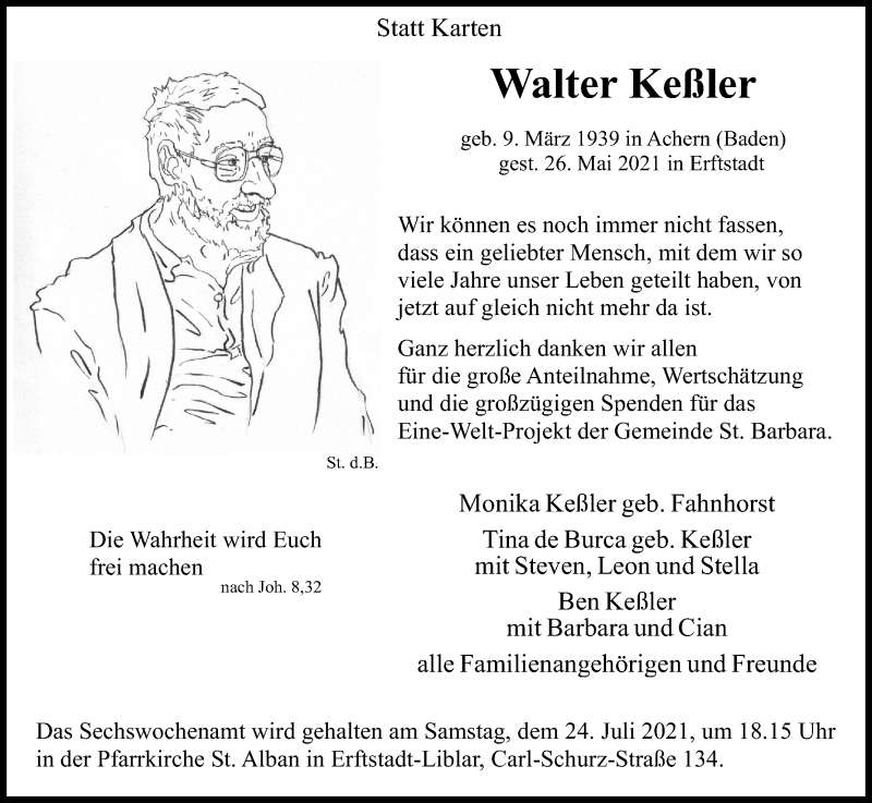  Traueranzeige für Walter Keßler vom 17.07.2021 aus Kölner Stadt-Anzeiger / Kölnische Rundschau / Express